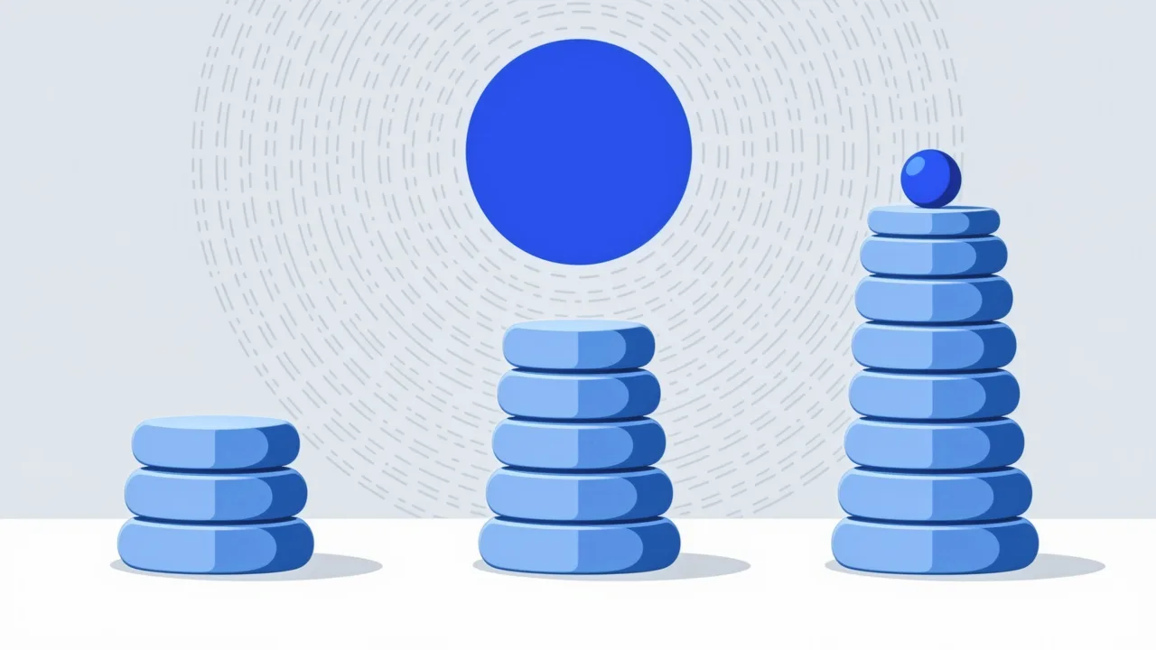 Three stacked pillars of different heights converging toward a central circle
