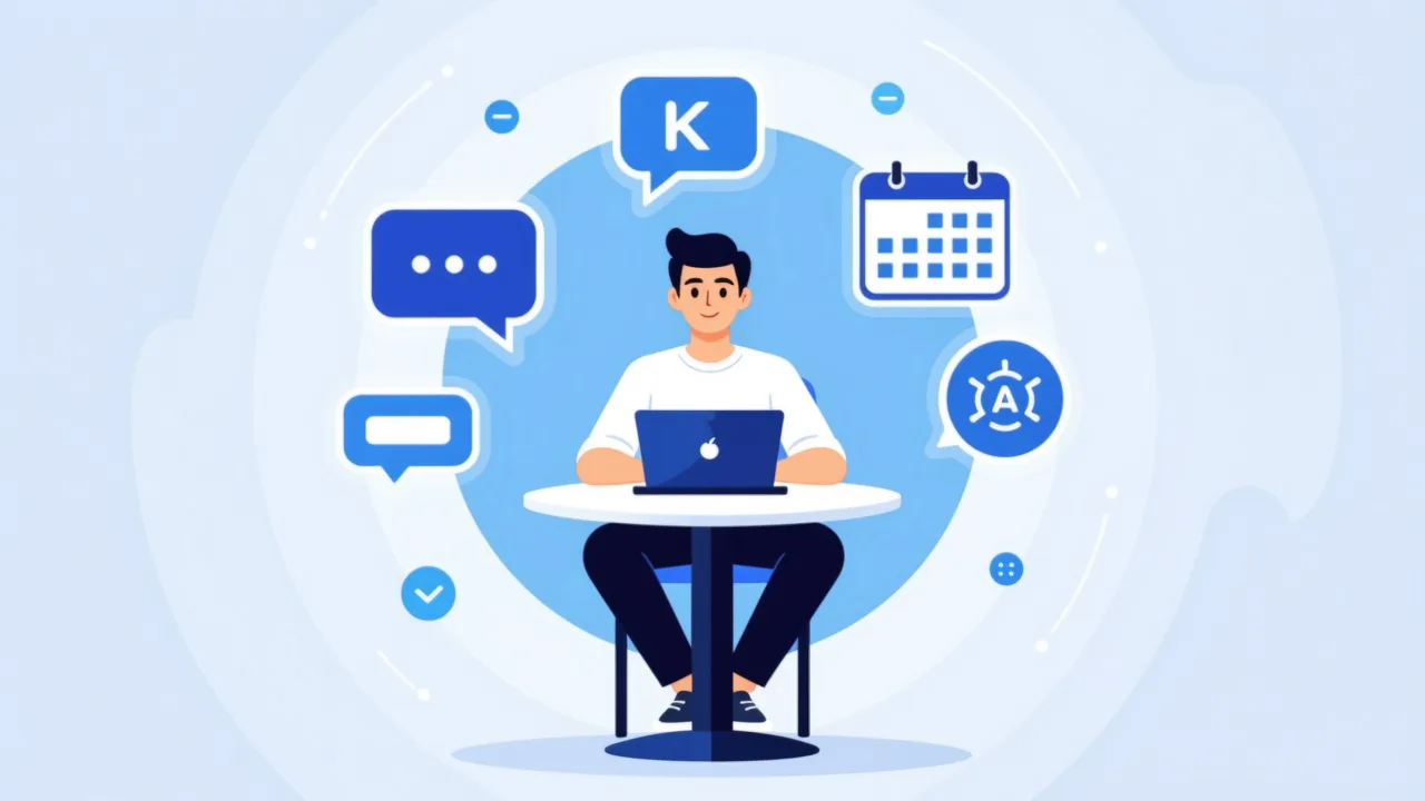 One person at a table with five floating icons representing CRM features