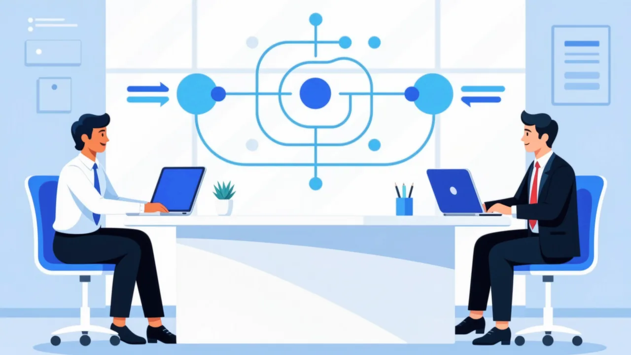 Two people beside a branching flow diagram with moving pulse dots