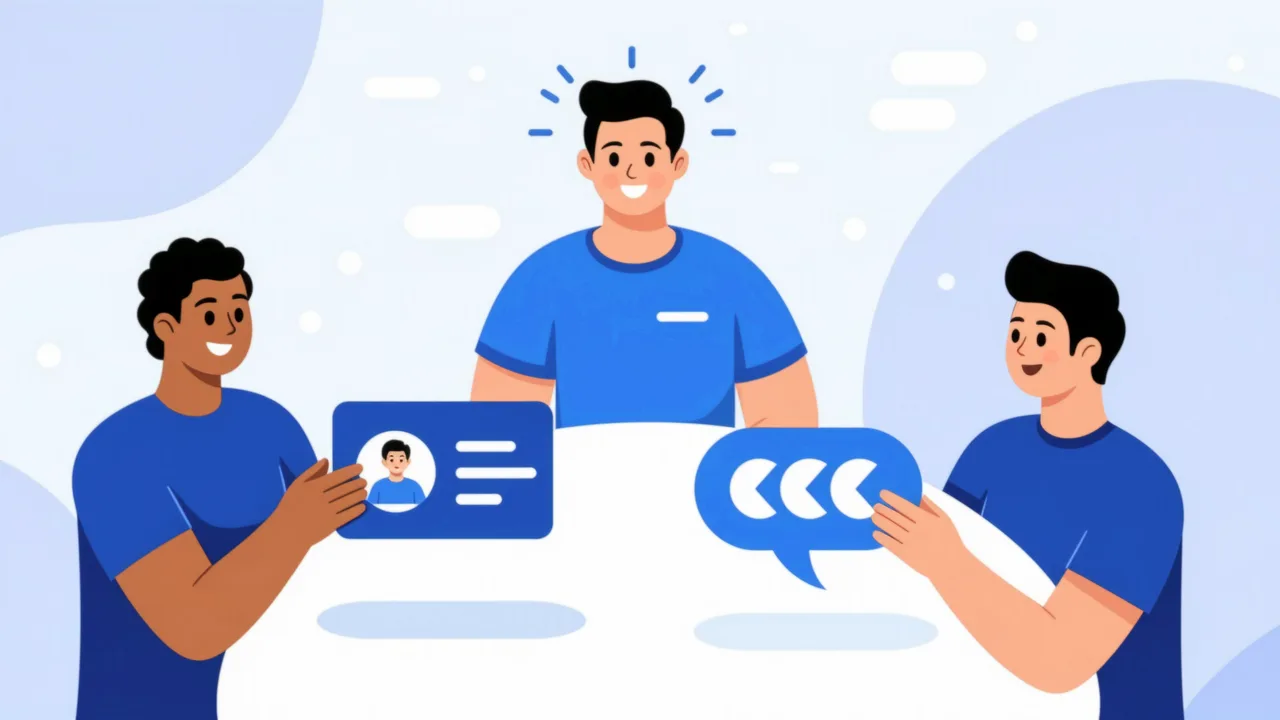 Three people around a table holding contact, pipeline, and chat icons