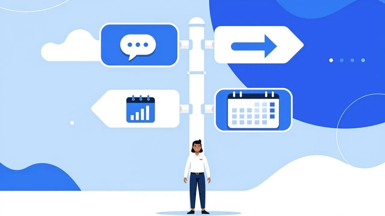 A person at a crossroads with four CRM feature symbols on signposts