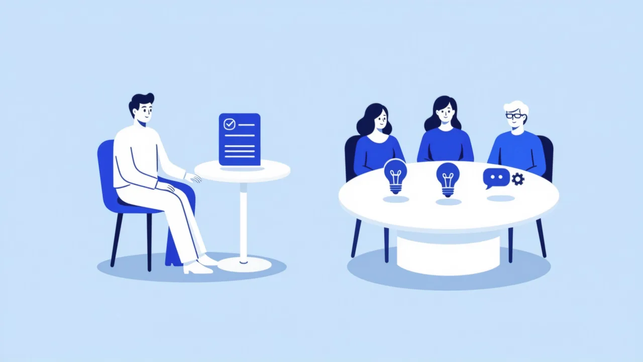 Solo worker with one icon and trio with three icons on separate surfaces